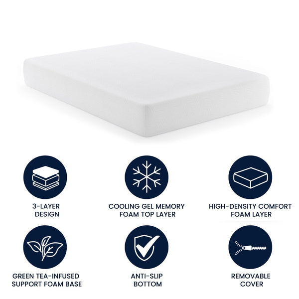 English Elm Cloud Green Tea Cooling Gel Memory Foam Mattress with 3-Layer Design for Ultimate Sleep Comfort White Full CL-MFB3L-10-F-GG