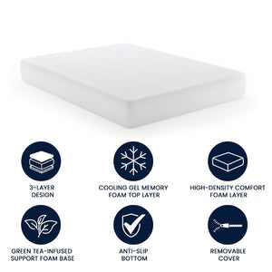 English Elm Cloud Green Tea Cooling Gel Memory Foam Mattress with 3-Layer Design for Ultimate Sleep Comfort White Queen CL-MFB3L-10-Q-GG