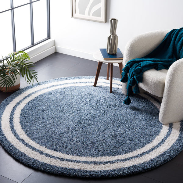 Safavieh Calico Plush Round Shag Rug In Blue & Ivory — High-Pile Cozy Texture, Durable Easy-Care Fibers 5'-3" x 5'-3" CLC100M-5R