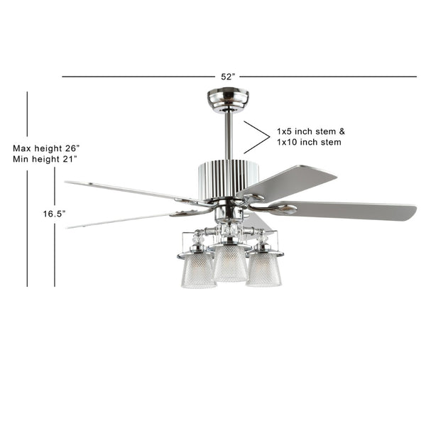 Safavieh PARLIN, Modern 3-Light Ceiling Fan - 52-Inch Chrome Design with White Maple/Silver Blades for Style CLF1000A