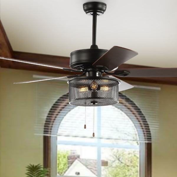 Safavieh FREDRIK, 52-Inch Black Iron Ceiling Fan with 3 Lights and Reversible White Maple/Silver Blades CLF1005A