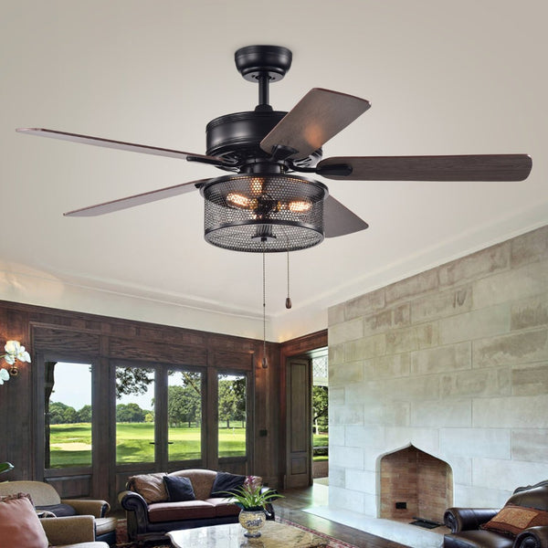 Safavieh FREDRIK, 52-Inch Black Iron Ceiling Fan with 3 Lights and Reversible White Maple/Silver Blades CLF1005A