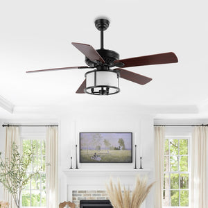 Safavieh KRISTOS, Modern 3-Light Ceiling Fan, 52" Black Iron Housing with Warm Cherry/Walnut Blades CLF1024A