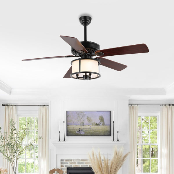Safavieh KRISTOS, Modern 3-Light Ceiling Fan, 52" Black Iron Housing with Warm Cherry/Walnut Blades CLF1024A