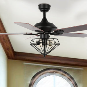 Safavieh LEANNE, 52-Inch Ceiling Fan with 2 Lights – Elegant Black Iron & Dark Cherry/Red Walnut Blades CLF1026A