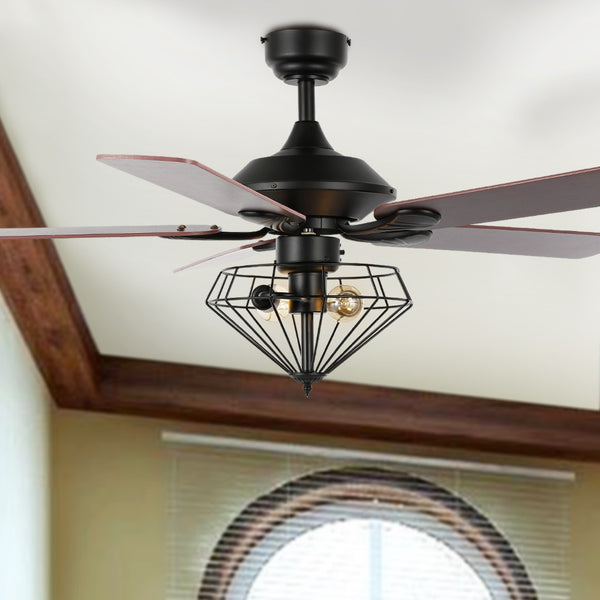 Safavieh LEANNE, 52-Inch Ceiling Fan with 2 Lights – Elegant Black Iron & Dark Cherry/Red Walnut Blades CLF1026A
