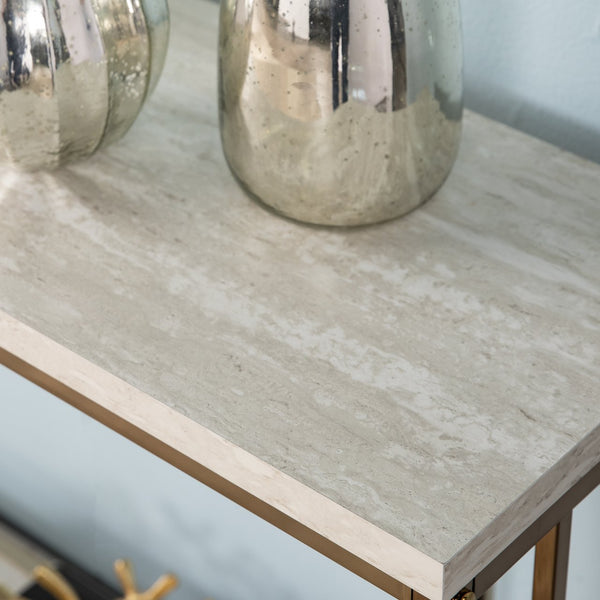 Safavieh Brexlyn Travertine Style Console Table With Champagne Iron Frame For Entryway Decor CM0063