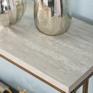 Safavieh Brexlyn Travertine Style Console Table With Champagne Iron Frame For Entryway Decor CM0063