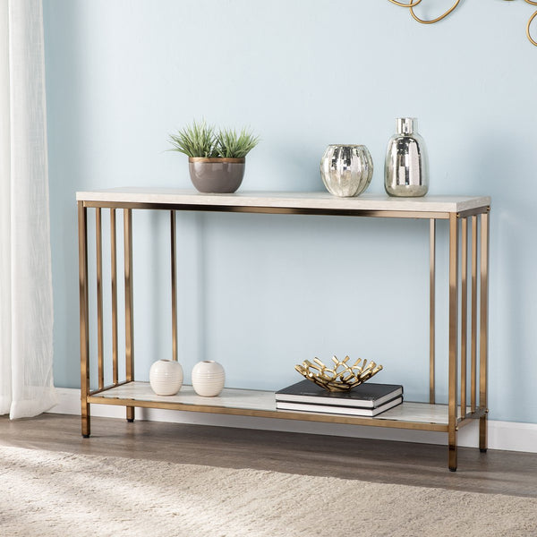 Safavieh Brexlyn Travertine Style Console Table With Champagne Iron Frame For Entryway Decor CM0063