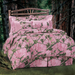 Hiend Accents Oak Camo Comforter Set - 7-piece Rustic Bedding Ensemble For Cozy And Stylish Bedroom Retreat Pink,Green Comforter, Face, 100% Polyester,Back, 100% Polyester. Filling：100% Polyester,Bedskirt, Skirt, 100% Polyester,Decking, 100% Polyester,King Sham, 100% Polyester(2pc),Dec Pillow, Shell, 100% Polyester,Filling, 100% Polyster(3pc) Cm1002-kg-pk
