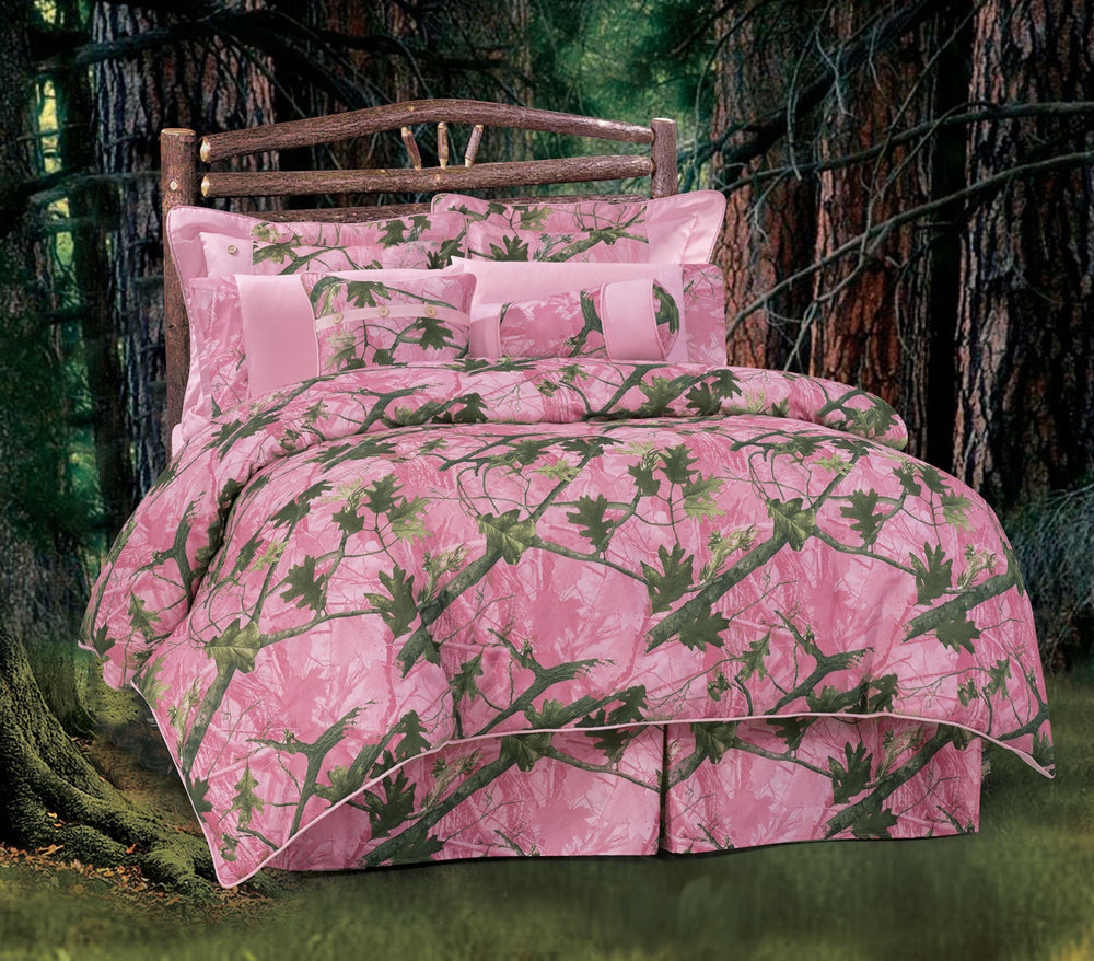 Hiend Accents Oak Camo Comforter Set - 7-piece Rustic Bedding Ensemble For Cozy And Stylish Bedroom Retreat Pink,Green Comforter, Face, 100% Polyester,Back, 100% Polyester. Filling：100% Polyester,Bedskirt, Skirt, 100% Polyester,Decking, 100% Polyester,King Sham, 100% Polyester(2pc),Dec Pillow, Shell, 100% Polyester,Filling, 100% Polyster(3pc) Cm1002-fl-pk