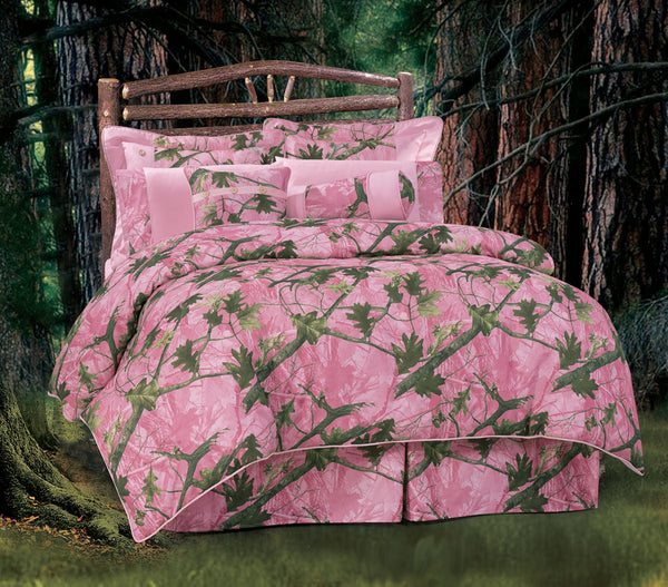 Hiend Accents Oak Camo Comforter Set - 7-piece Rustic Bedding Ensemble For Cozy And Stylish Bedroom Retreat Pink,Green Comforter, Face, 100% Polyester,Back, 100% Polyester. Filling：100% Polyester,Bedskirt, Skirt, 100% Polyester,Decking, 100% Polyester,King Sham, 100% Polyester(2pc),Dec Pillow, Shell, 100% Polyester,Filling, 100% Polyster(3pc) Cm1002-qn-pk