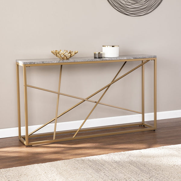 Safavieh Arendal Slim Console Table With Faux Marble Top And Iron Legs For Entryways GOLD CM1653