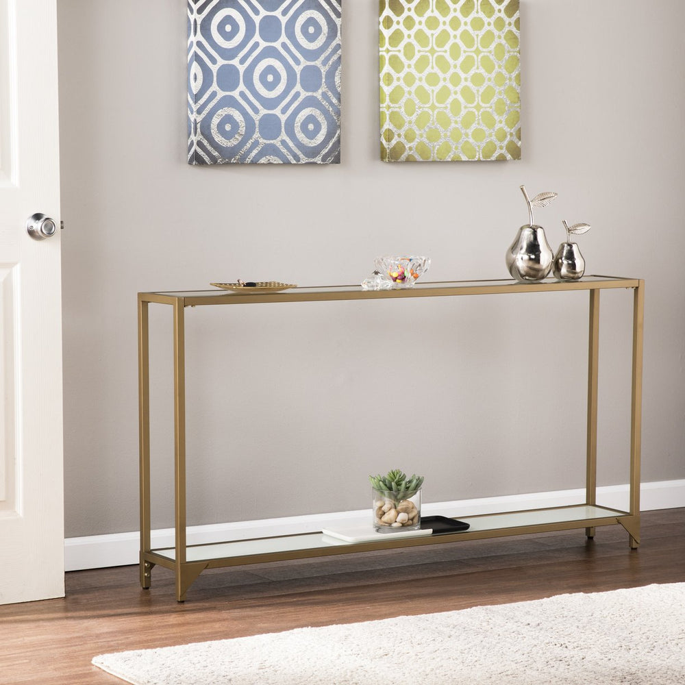 Safavieh Bergen Slim Gold Iron Console Table With Tempered Glass Top For Entryway Or Sofa CM1656