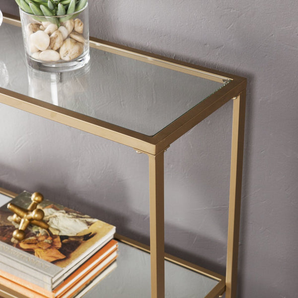Safavieh Horten Glam Console Table With Gilded Iron Frame And Mirrored Glass Shelf For Entryways CM1659