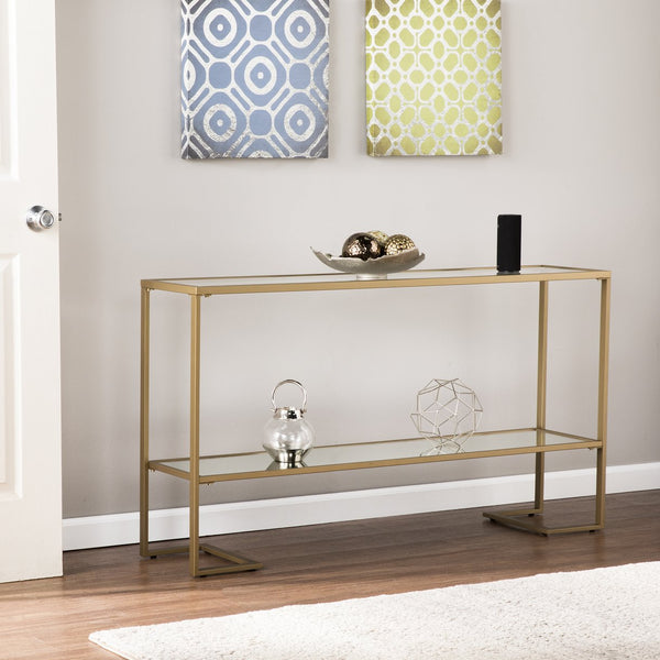 Safavieh Horten Glam Console Table With Gilded Iron Frame And Mirrored Glass Shelf For Entryways CM1659