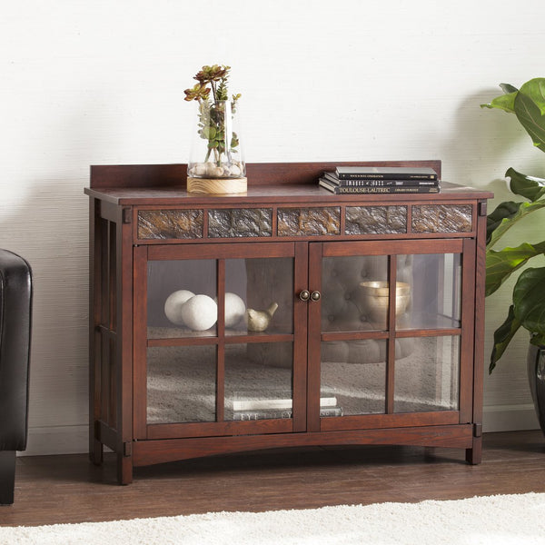 Safavieh Camino Mission Style Espresso Sideboard With Faux Slate Accents And Glass Display Doors CM2900