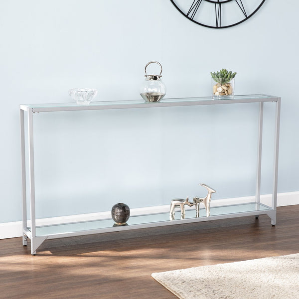 Safavieh Bergen Slim Iron And Tempered Glass Console Table With Mirrored Shelf For Entryway CM3656