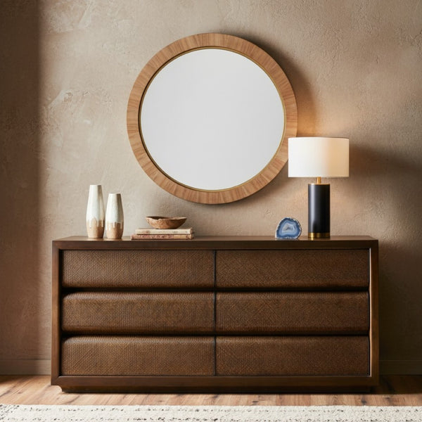 Safavieh PAULSON Round Wood Mirror - Contemporary Elegance for Entryways, Living Rooms, and Bedrooms Walnut CMI4001B