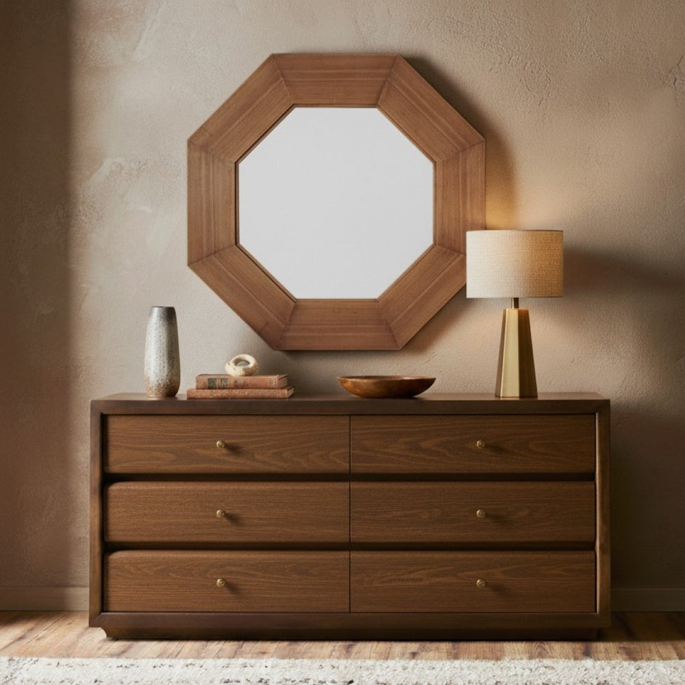Safavieh LACARLO Octagonal Wood Mirror - Sculptural Elegance for Modern & Rustic Home Décor Spaces Walnut CMI4003B