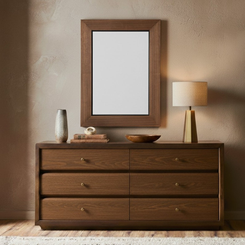 Safavieh LACARLO Rectangle Wood Mirror in Walnut - Modern Elegance with Solid Frame & Metal Accents, 35.4" W CMI4004B