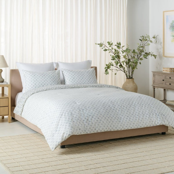 Safavieh Floral Block Print Cotton Comforter Set Reversible Garden Inspired Bedding for King Beds Queen/Full CMT2000A-Q