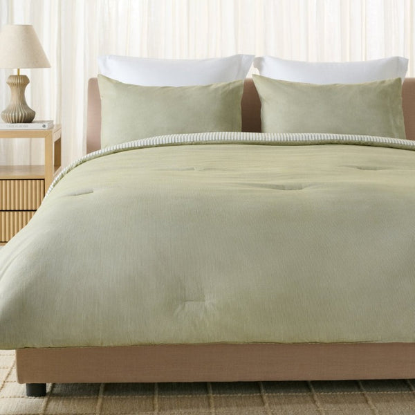 Safavieh Stripe Reversible Cotton Comforter Set Yarn Dyed Olive Tufted Breathable Bedding Queen/Full CMT2001C-Q