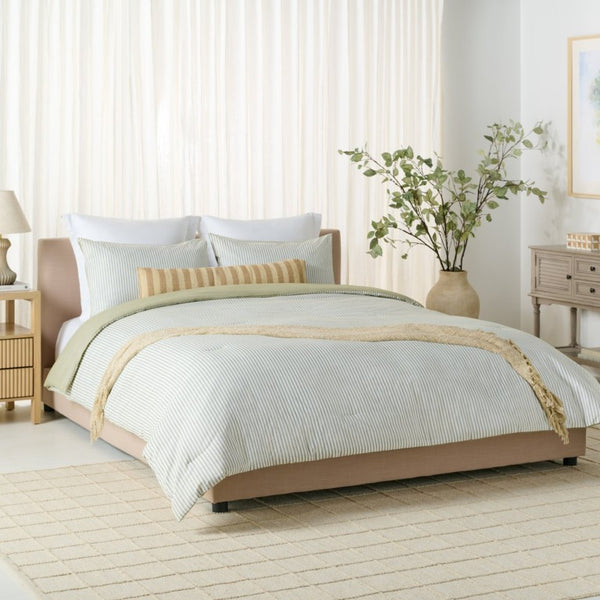 Safavieh Stripe Reversible Cotton Comforter Set Yarn Dyed Olive Tufted Breathable Bedding Queen/Full CMT2001C-Q