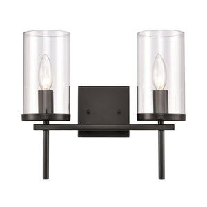 Thomas Lighting Oakland Matte Metal Vanity Light Torch Style Cylindrical Glass Industrial Modern Bath Black 2-Light CN290216