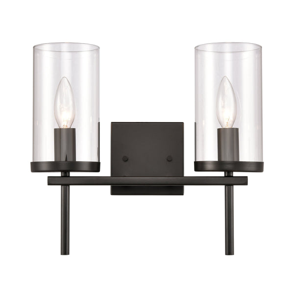 Thomas Lighting Oakland Matte Metal Vanity Light Torch Style Cylindrical Glass Industrial Modern Bath Black 2-Light CN290216