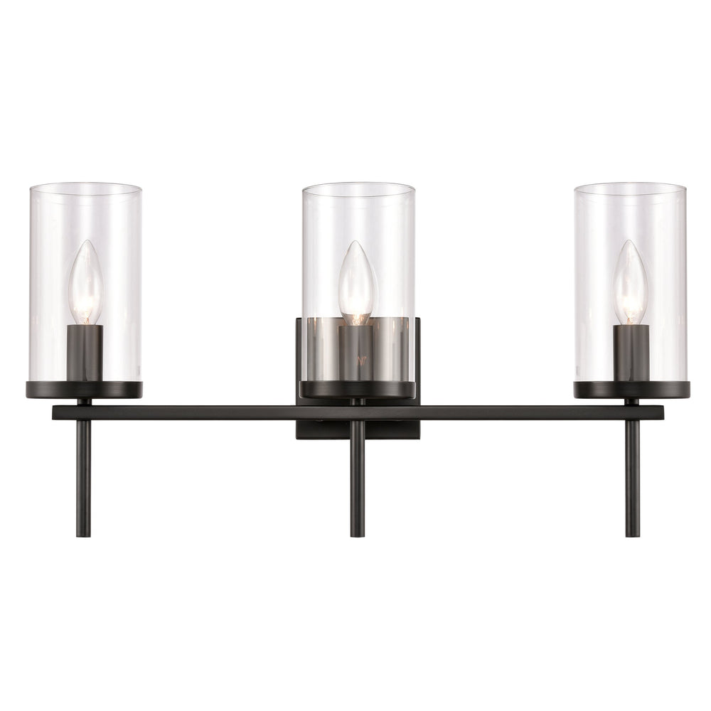 Thomas Lighting Oakland Matte Metal Vanity Light Torch Style Cylindrical Glass Industrial Modern Bath Black 3-Light CN290316