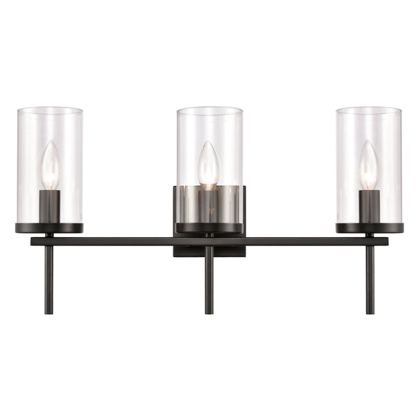 Thomas Lighting Oakland Matte Metal Vanity Light Torch Style Cylindrical Glass Industrial Modern Bath Black 3-Light CN290316