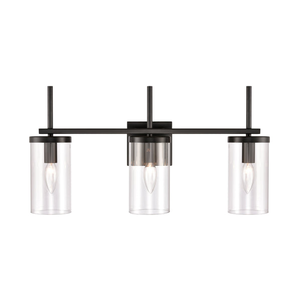 Thomas Lighting Oakland Matte Metal Vanity Light Torch Style Cylindrical Glass Industrial Modern Bath Black 3-Light CN290316