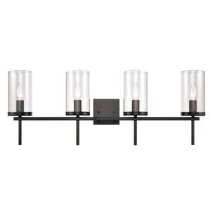 Thomas Lighting Oakland Matte Metal Vanity Light Torch Style Cylindrical Glass Industrial Modern Bath Black 4-Light CN290416