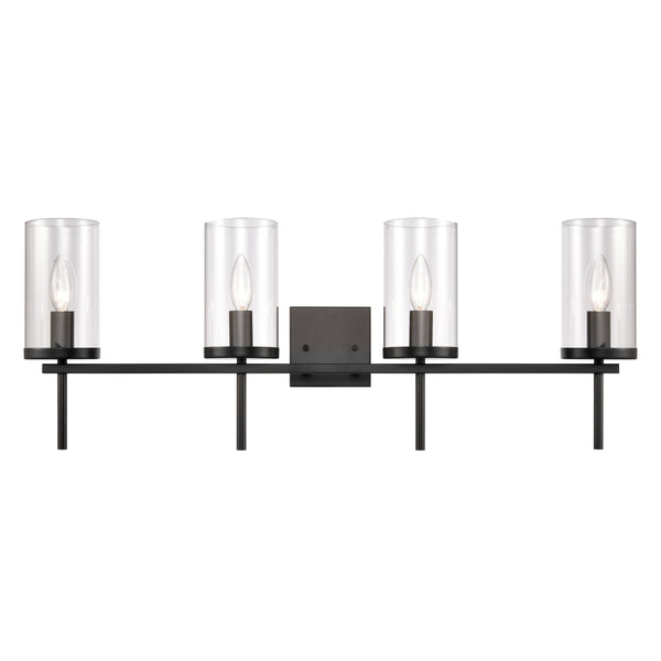 Thomas Lighting Oakland Matte Metal Vanity Light Torch Style Cylindrical Glass Industrial Modern Bath Black 4-Light CN290416