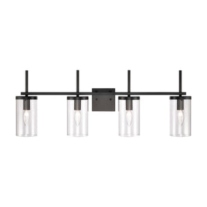 Thomas Lighting Oakland Matte Metal Vanity Light Torch Style Cylindrical Glass Industrial Modern Bath Black 4-Light CN290416
