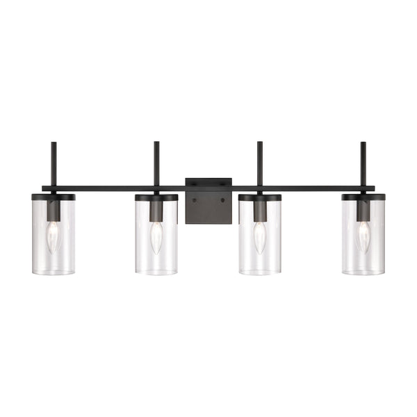 Thomas Lighting Oakland Matte Metal Vanity Light Torch Style Cylindrical Glass Industrial Modern Bath Black 4-Light CN290416