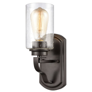 Thomas Lighting Market Square Brushed Metal Vanity Light Frosted Seeded Glass Transitional Bath Fixture Bronze 1-Light CN300121