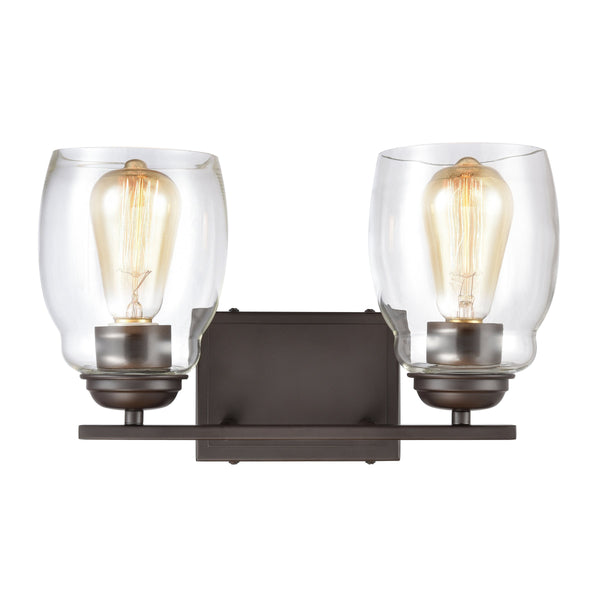 Thomas Lighting Calistoga Industrial Transitional Two Light Vanity Fixture with Clear Glass Shades Bronze 14 inches CN320211