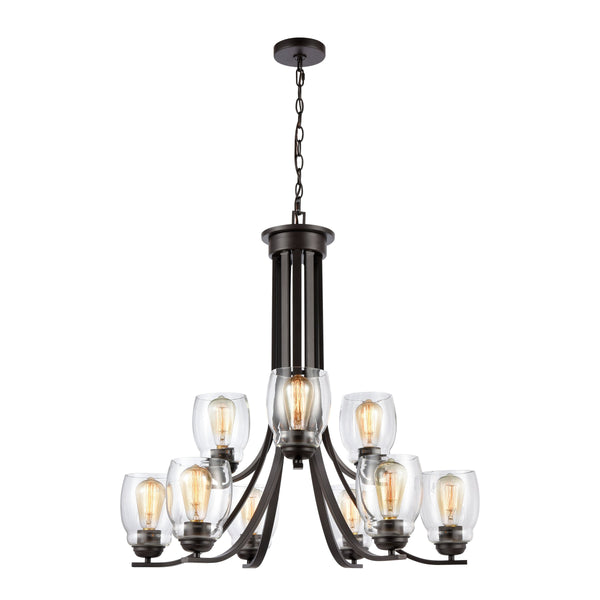 Thomas Lighting Calistoga Three Light Industrial Chandelier with Clear Glass Shades for Dining Rooms 30.5 inches Bronze CN320921