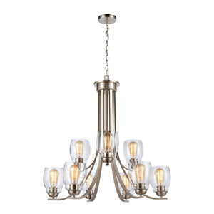 Thomas Lighting Calistoga Three Light Industrial Chandelier with Clear Glass Shades for Dining Rooms 30.5 inches Nickel CN320922