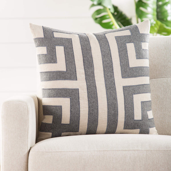 Jaipur Living Nikki Chu Jaipur Living Embroidered Linen Geometric Pillow Cover for Sofas and Accent Chairs Gray PLC101484
