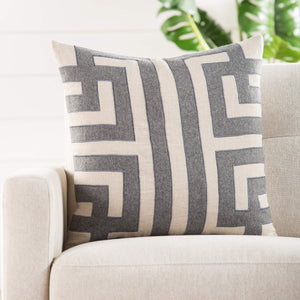 Jaipur Living Nikki Chu Ordella Embroidered Linen Greek Key Throw Pillow for Sofa or Bed Gray Poly Fill PLW102625