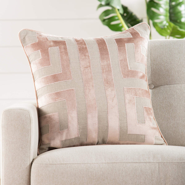 Jaipur Living Nikki Chu Ordella Embroidered Linen Greek Key Throw Pillow for Sofa or Bed Beige Poly Fill PLW102627