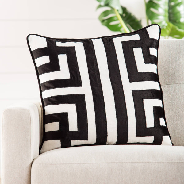 Jaipur Living Nikki Chu Ordella Embroidered Linen Greek Key Throw Pillow for Sofa or Bed White Down PLW102559