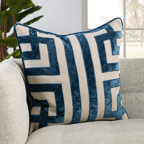Jaipur Living Nikki Chu Ordella Embroidered Linen Greek Key Throw Pillow for Sofa or Bed Blue Poly Fill PLW103761
