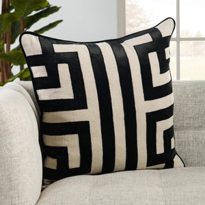 Jaipur Living Nikki Chu Ordella Embroidered Linen Greek Key Throw Pillow for Sofa or Bed Black Poly Fill PLW103762