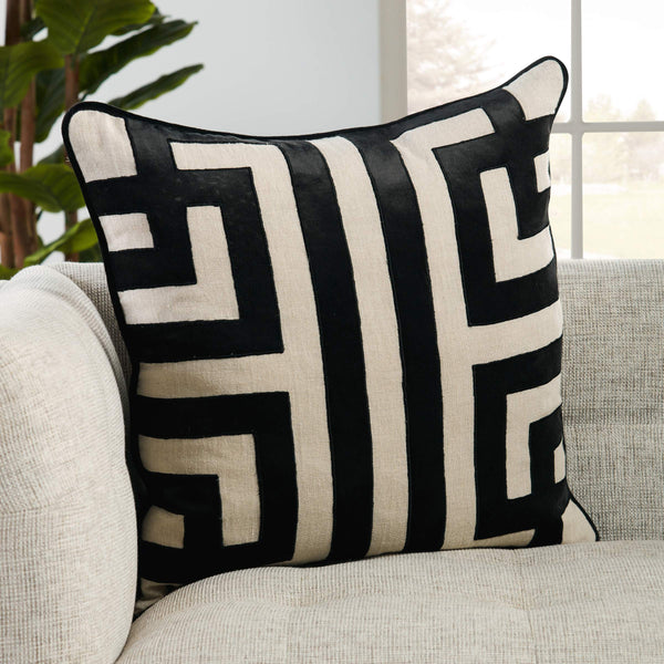Jaipur Living Nikki Chu Ordella Embroidered Linen Greek Key Throw Pillow for Sofa or Bed Black Poly Fill PLW103762