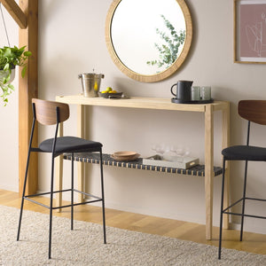 Safavieh Sigurd Bar Height Dining Table - Modern Sungkai Wood Design With Woven Leather Shelf For Storage Natural / Black CNS1200A