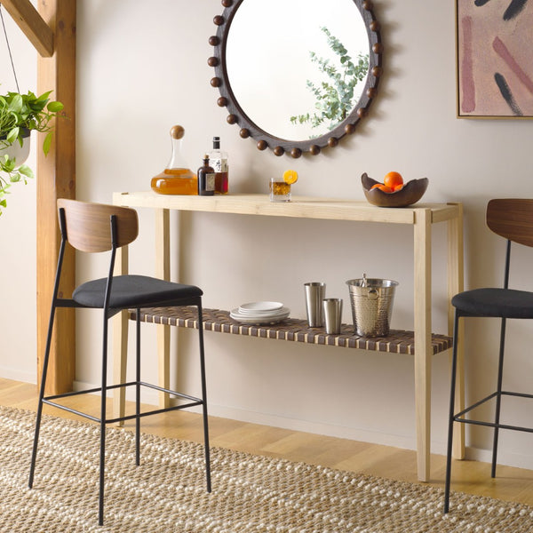 Safavieh Sigurd Bar Height Dining Table - Modern Sungkai Wood Design With Woven Leather Shelf For Storage Natural / Cognac CNS1200C